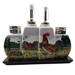 Farmhouse Kitchen Decor Rooster Tractor Salt Pepper Oil‎ Vinegar Dispenser Set